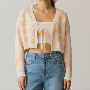 Witty Fox Floral Cropped Knit Cardigan Tank top Set Tie-front pink soft Girl